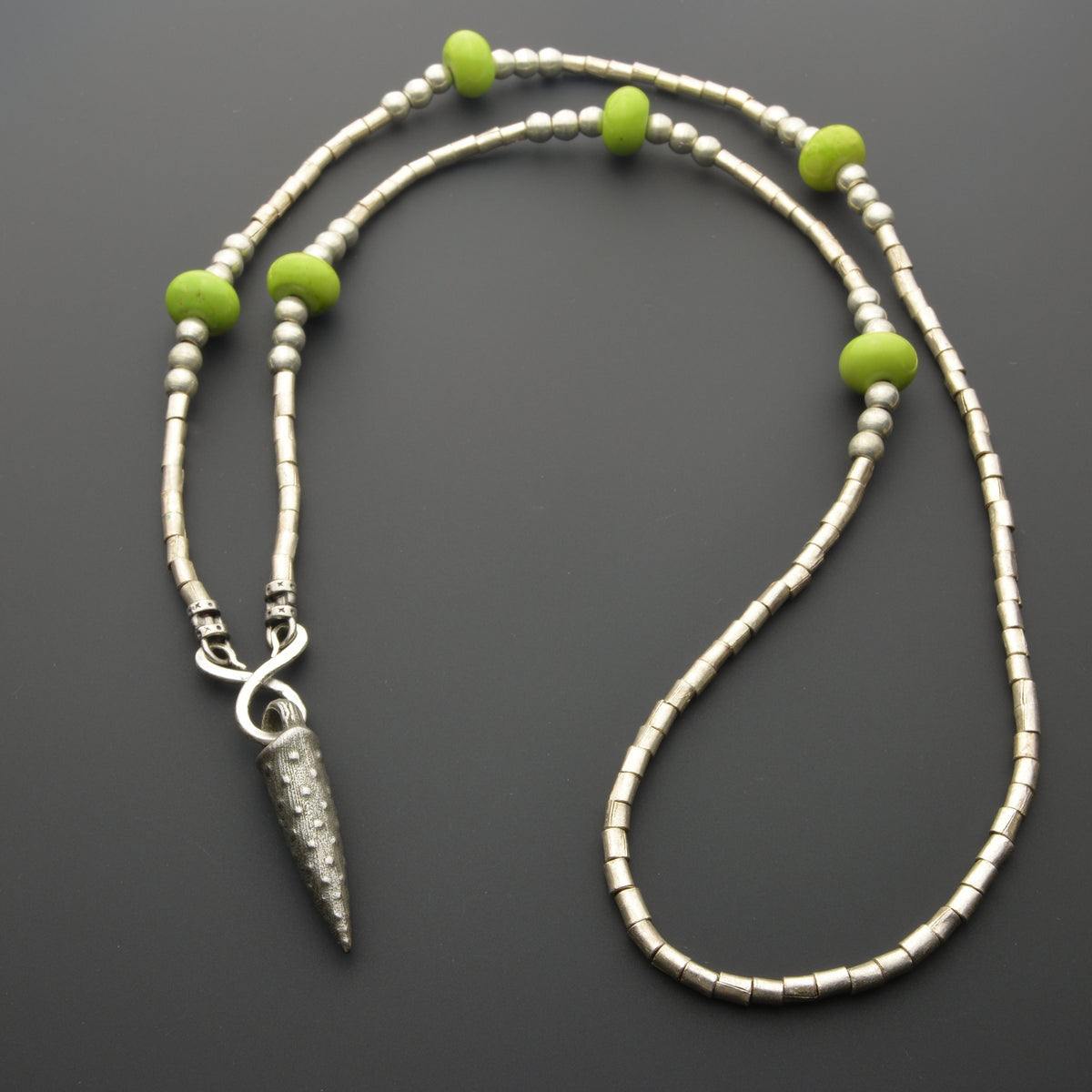 Green California ceramic beads and iron pendant
