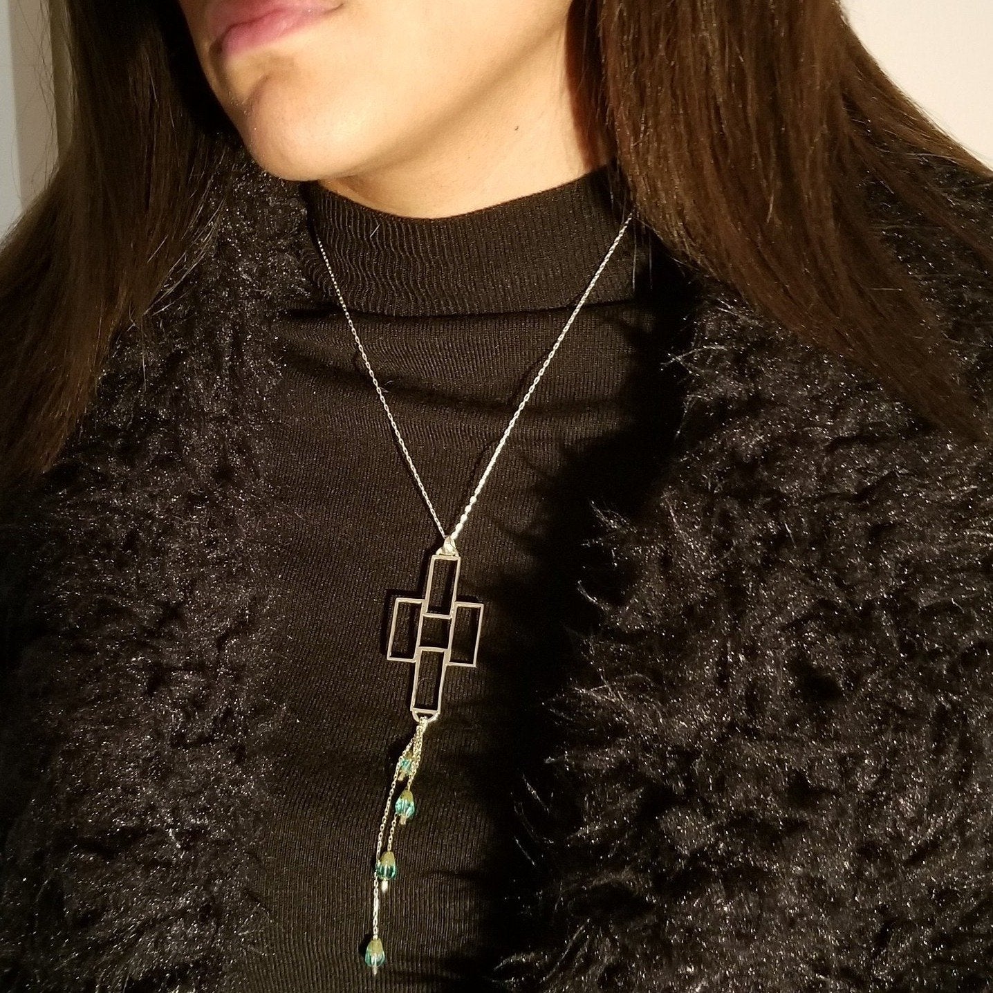 Emerald bead silver cross pendant
