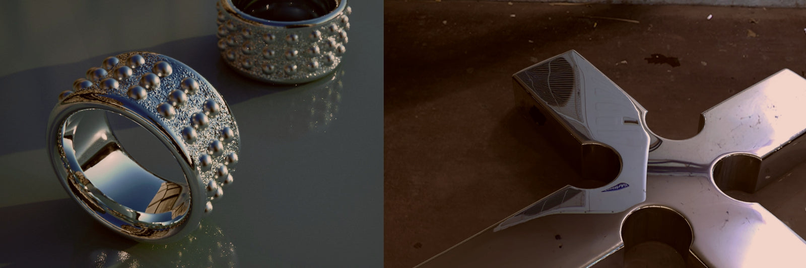 A split-screen product photo showing a silver-toned ring with a textured, studded band on the left, and a matching polished metal cross-shaped tool or accessory on a dark brown surface on the right.