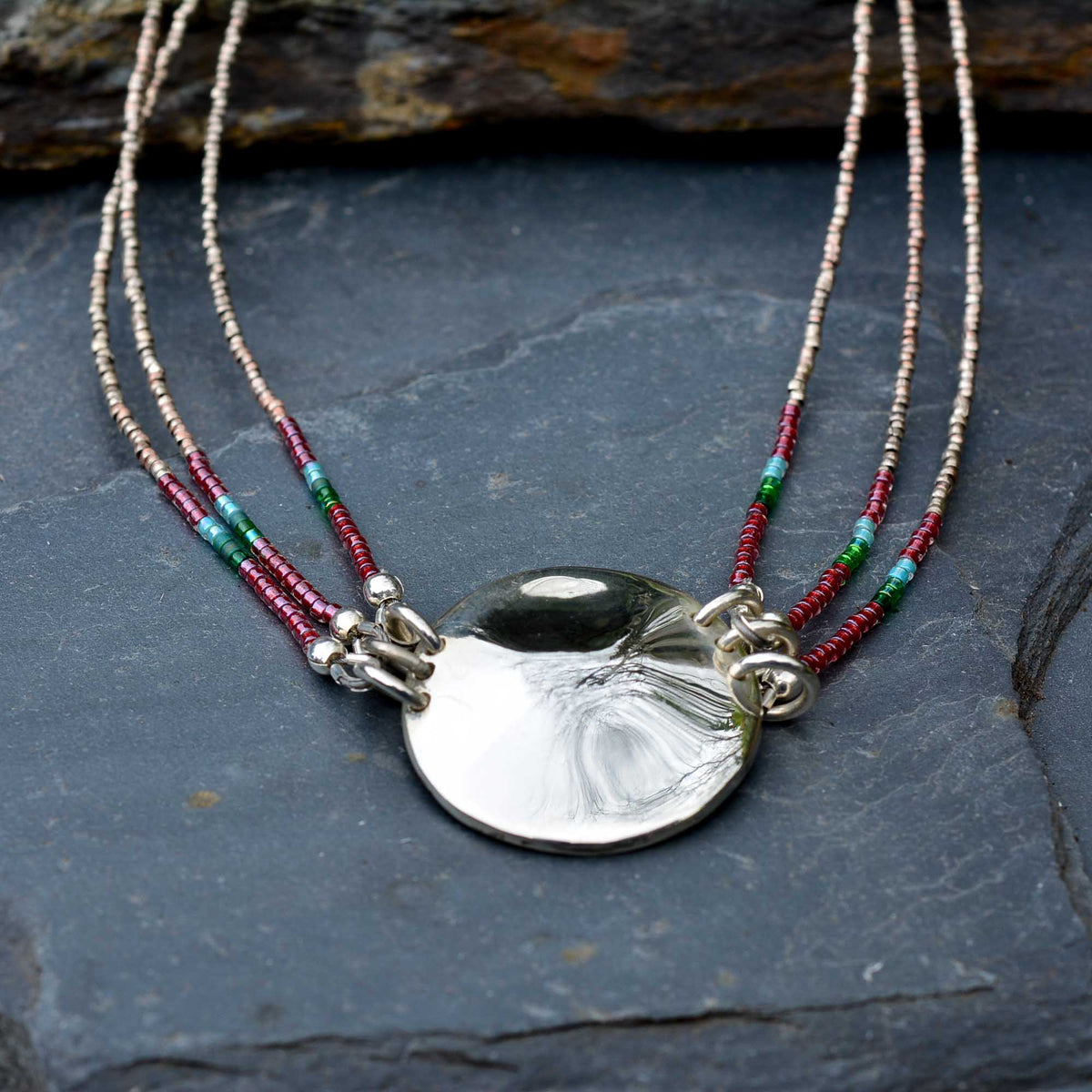 Three-Strand Tourmaline Necklace with Silver Medallion - Nine Amulets 