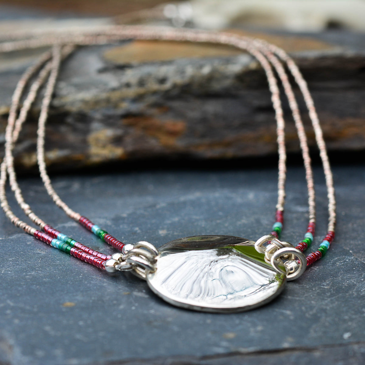 Three-Strand Tourmaline Necklace with Silver Medallion - Nine Amulets 