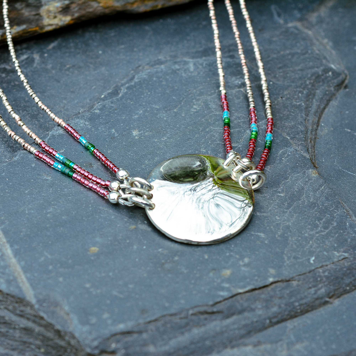Three-Strand Tourmaline Necklace with Silver Medallion - Nine Amulets 