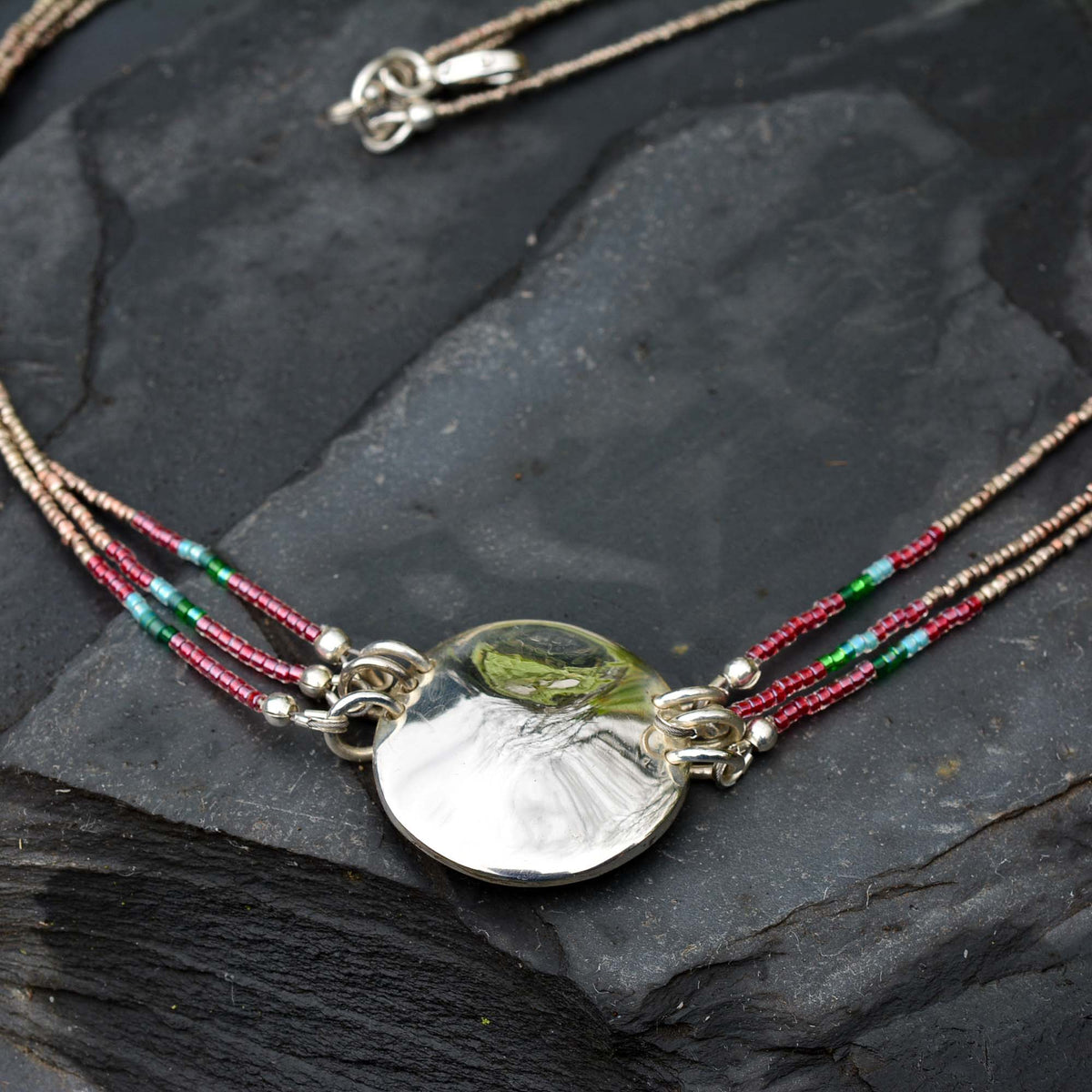 Three-Strand Tourmaline Necklace with Silver Medallion - Nine Amulets 