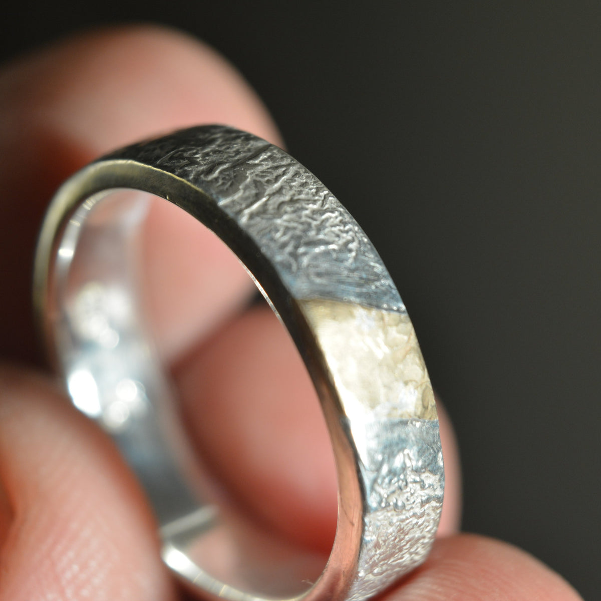 Sterling silver band with 14K gold facet inlay | reticulated texture | polished gold detail | thick solid band with a gold inlay - Nine Amulets 