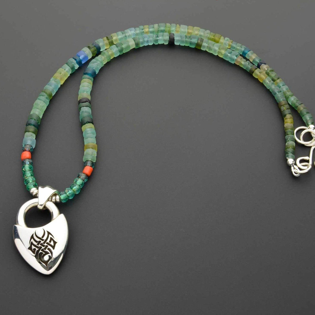Green Czech beads with silver Celtic pendant
