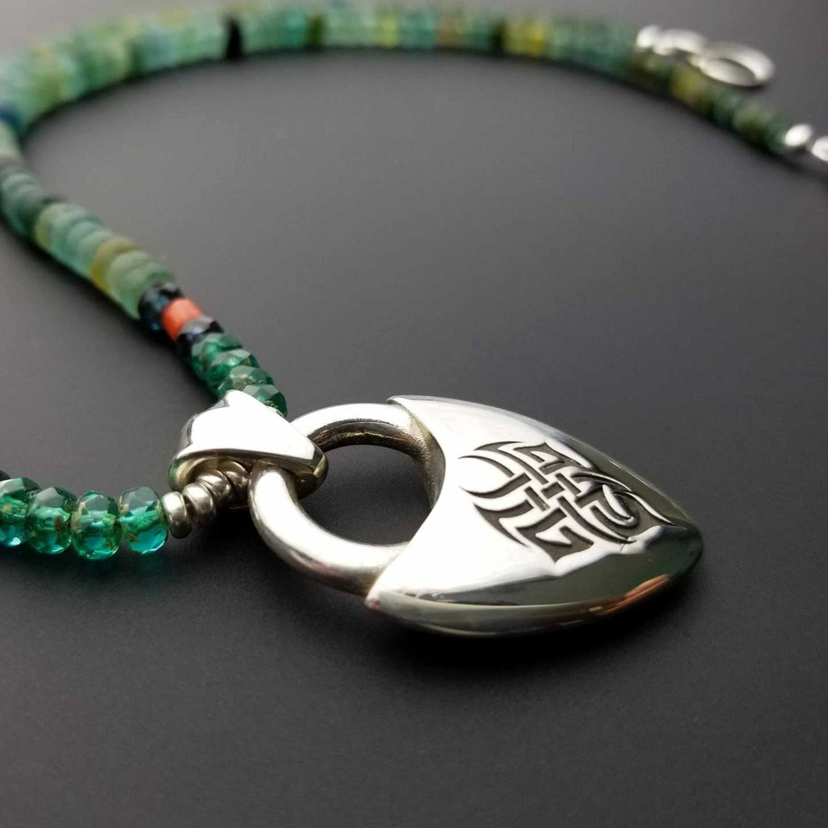Celtic design silver locket with green necklace