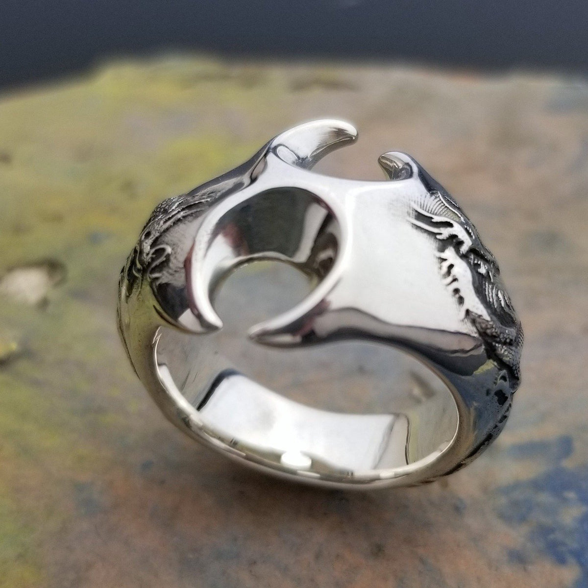 Bold Silver Double Dragon Ring Carved Fire Dragons Unique Jewelry Nine Amulets