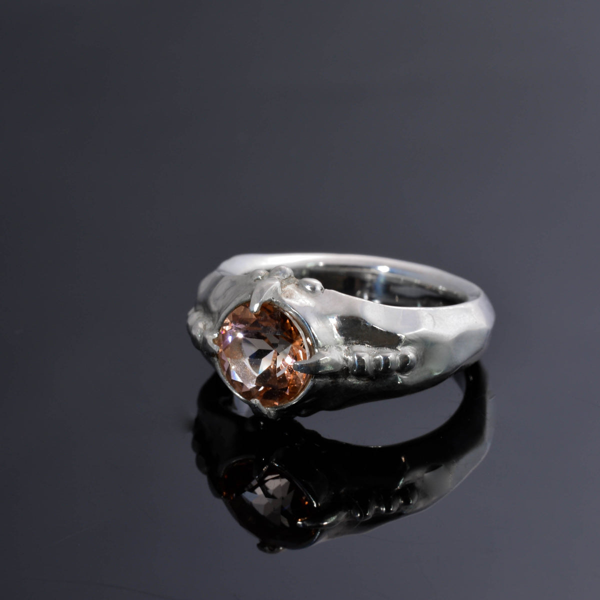 &quot;Organic Elegance: Handcrafted Silver Ring with Exquisite Carvings and Orange Topaz&quot; - Nine Amulets 