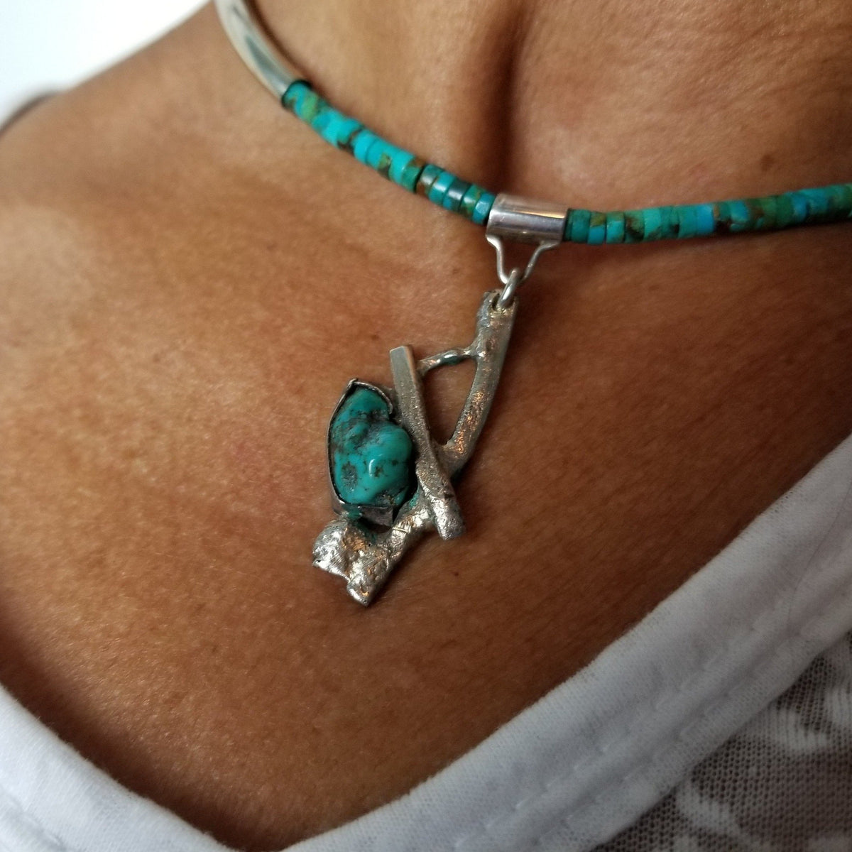 Organic melted silver turquoise pendant