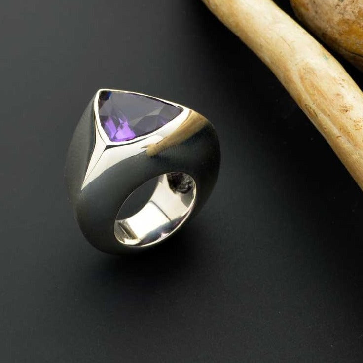 Large triangular Brazilian amethyst ring