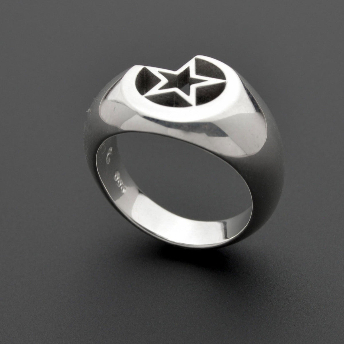 Bold star and moon silver ring