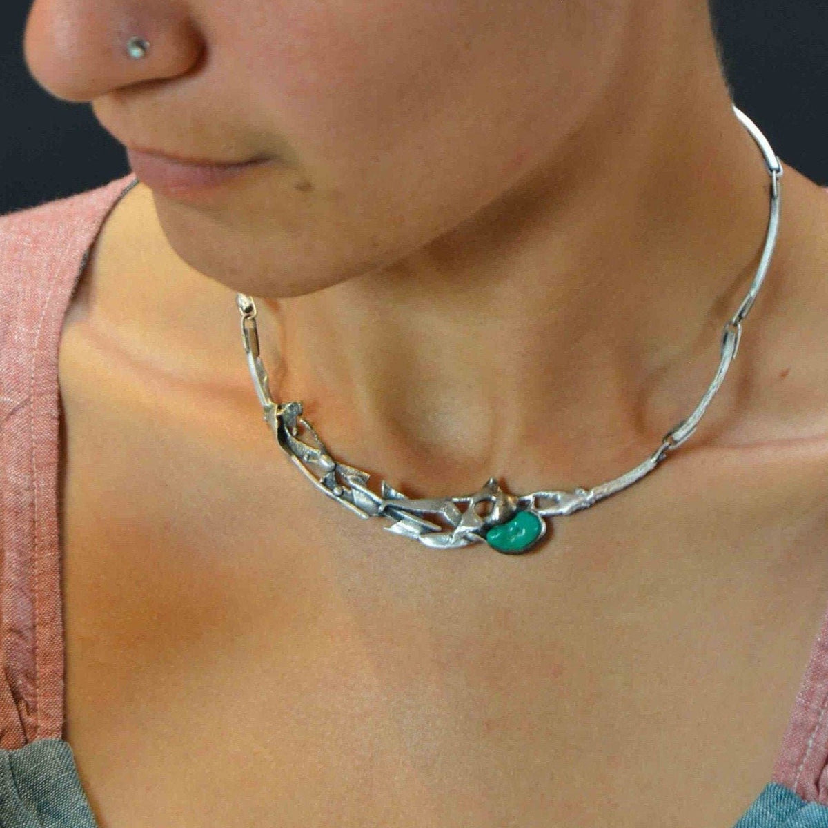 Melted silver and green turquoise choker  