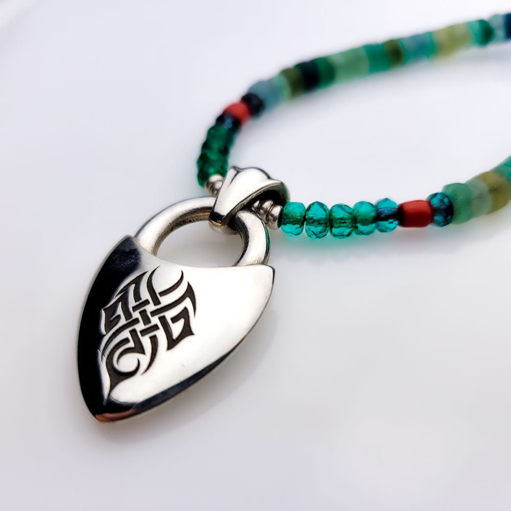 Celtic Creation in Sterling Silver and Lucky Charm Amulet with Roman Glass Bead Necklace - Nine Amulets 