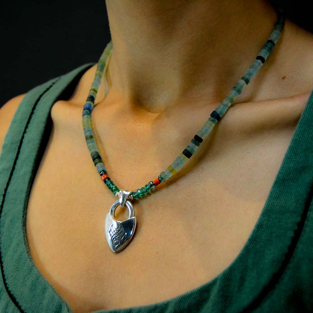 Celtic Creation in Sterling Silver and Lucky Charm Amulet with Roman Glass Bead Necklace - Nine Amulets 