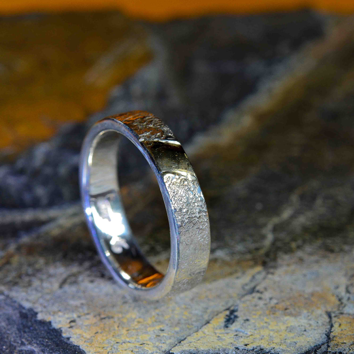 Sterling silver band with 14K gold facet inlay | reticulated texture | polished gold detail | thick solid band with a gold inlay
