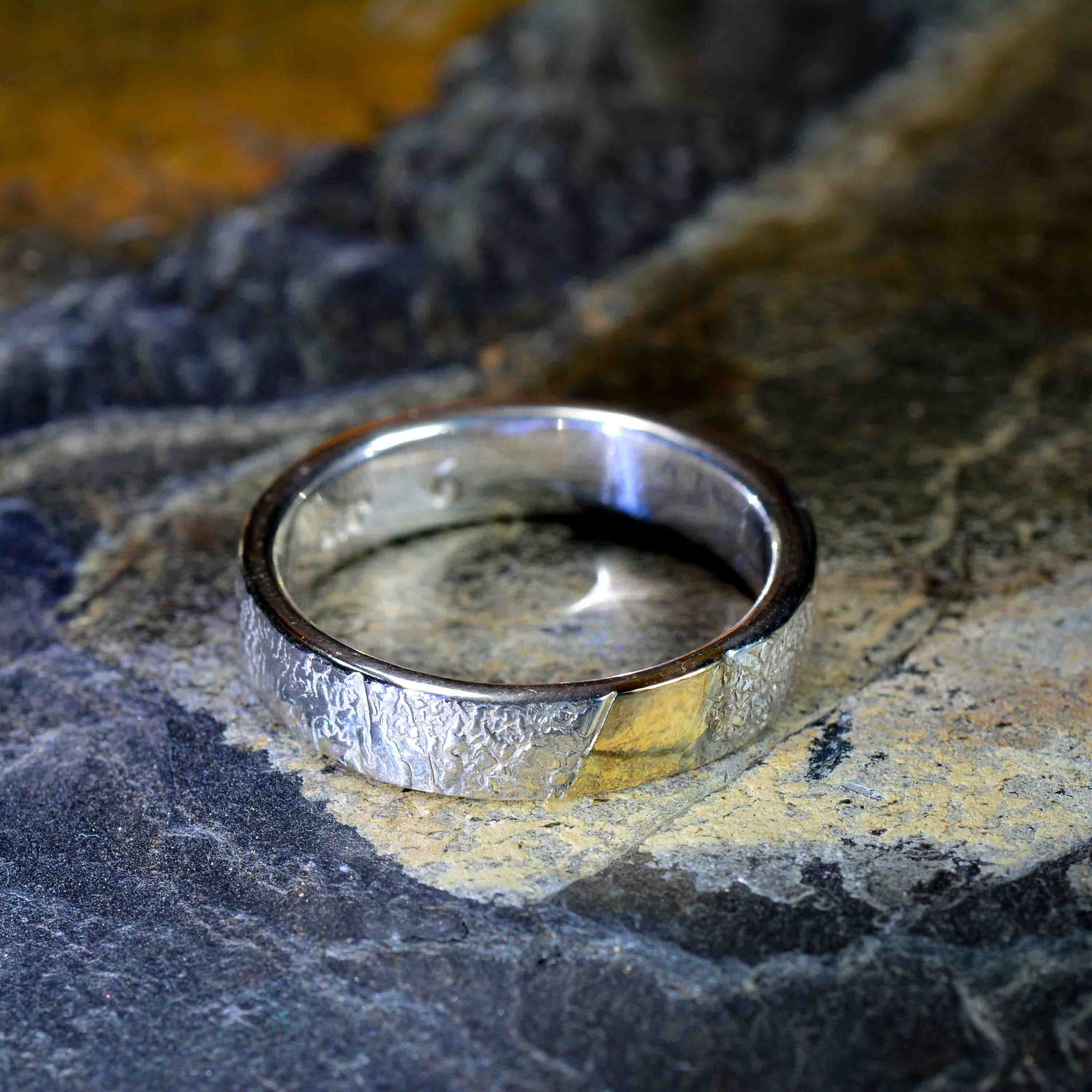 Sterling silver band with 14K gold facet inlay | reticulated texture | polished gold detail | thick solid band with a gold inlay - Nine Amulets 