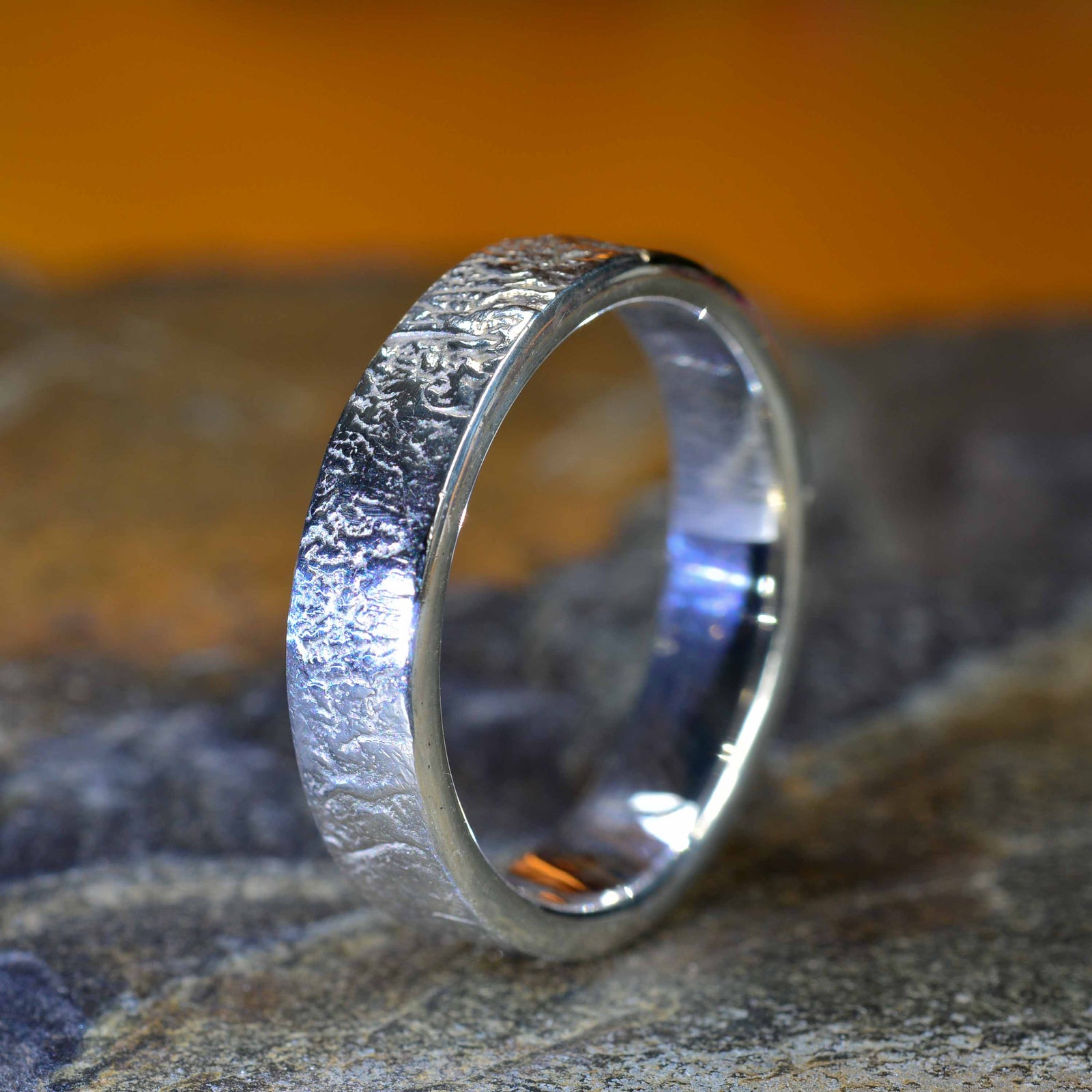 Sterling silver band with 14K gold facet inlay | reticulated texture | polished gold detail | thick solid band with a gold inlay - Nine Amulets 