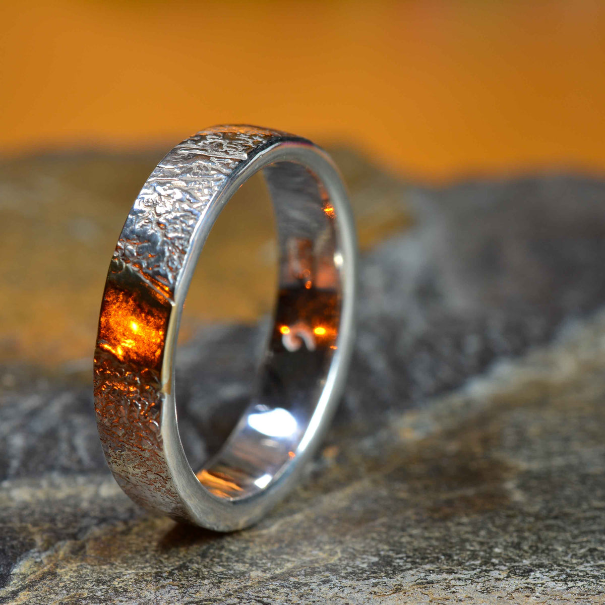 Sterling silver band with 14K gold facet inlay | reticulated texture | polished gold detail | thick solid band with a gold inlay - Nine Amulets 